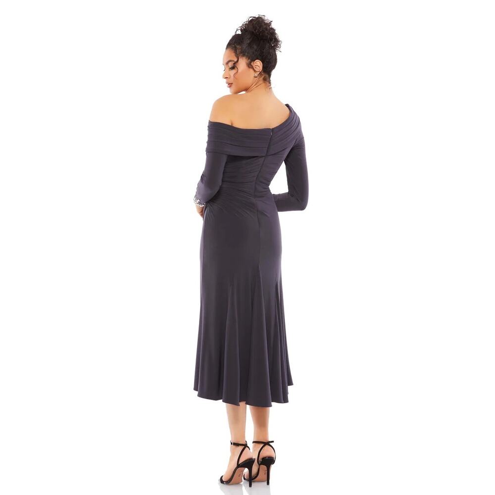 Mac Duggal 26485 Foldover Long Sleeve Jeweled Midi Dress in Charcoal 12 NWT - Picture 2 of 7